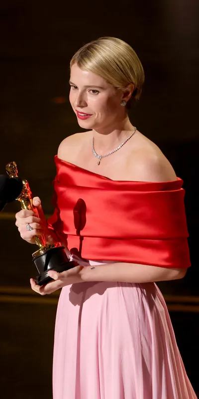 <p>Jessie Buckley wears Chanel N°5 drop high jewellery necklace in white gold, set with diamonds, Jeanne high jewellery ring in white gold, set with diamonds and Bouton de Camélia earrings in white gold, set with diamonds</p>