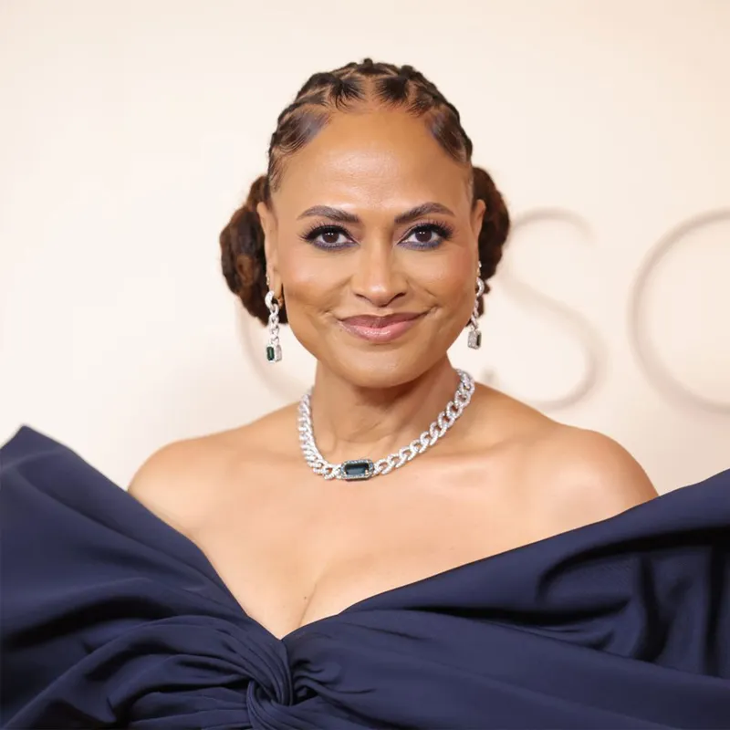 <p>Ava DuVernay wears Pomellato Indigolite Blue high jewellery necklace, Indigolite Blue high jewellery earrings and Catene ring</p>