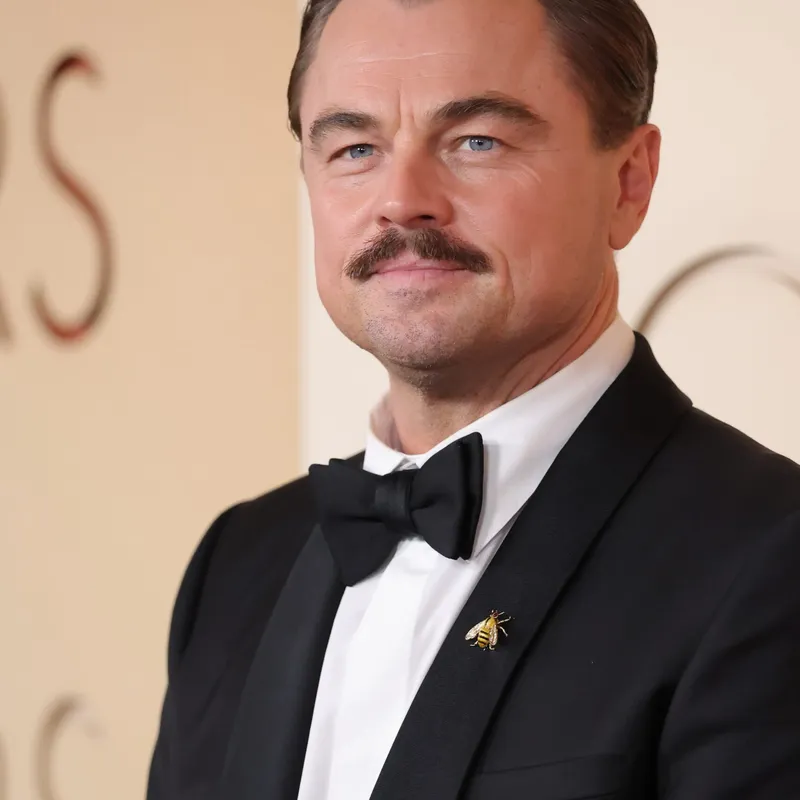 <div>Leonardo DiCaprio wears Boucheron Bee brooch in yellow gold, yellow enamel, garnet and diamonds from 1964</div>