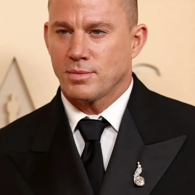 <p>Channing Tatum wears Tiffany & Co. Bird on a Rock brooch in platinum and yellow gold, set with a diamond of over 22 carats, rubies and diamond accents and Union Square 30mm watch in yellow gold</p>