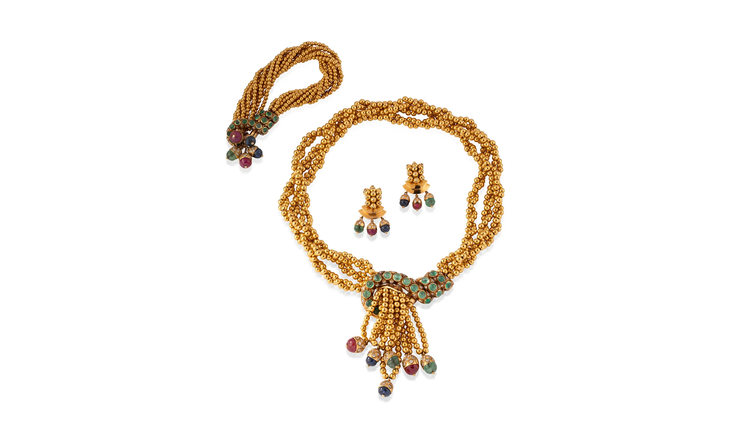<p>An antique Réne Boivin necklace, earrings and torsade bracelet, circa 1938, designed by Juliette Moutard</p>