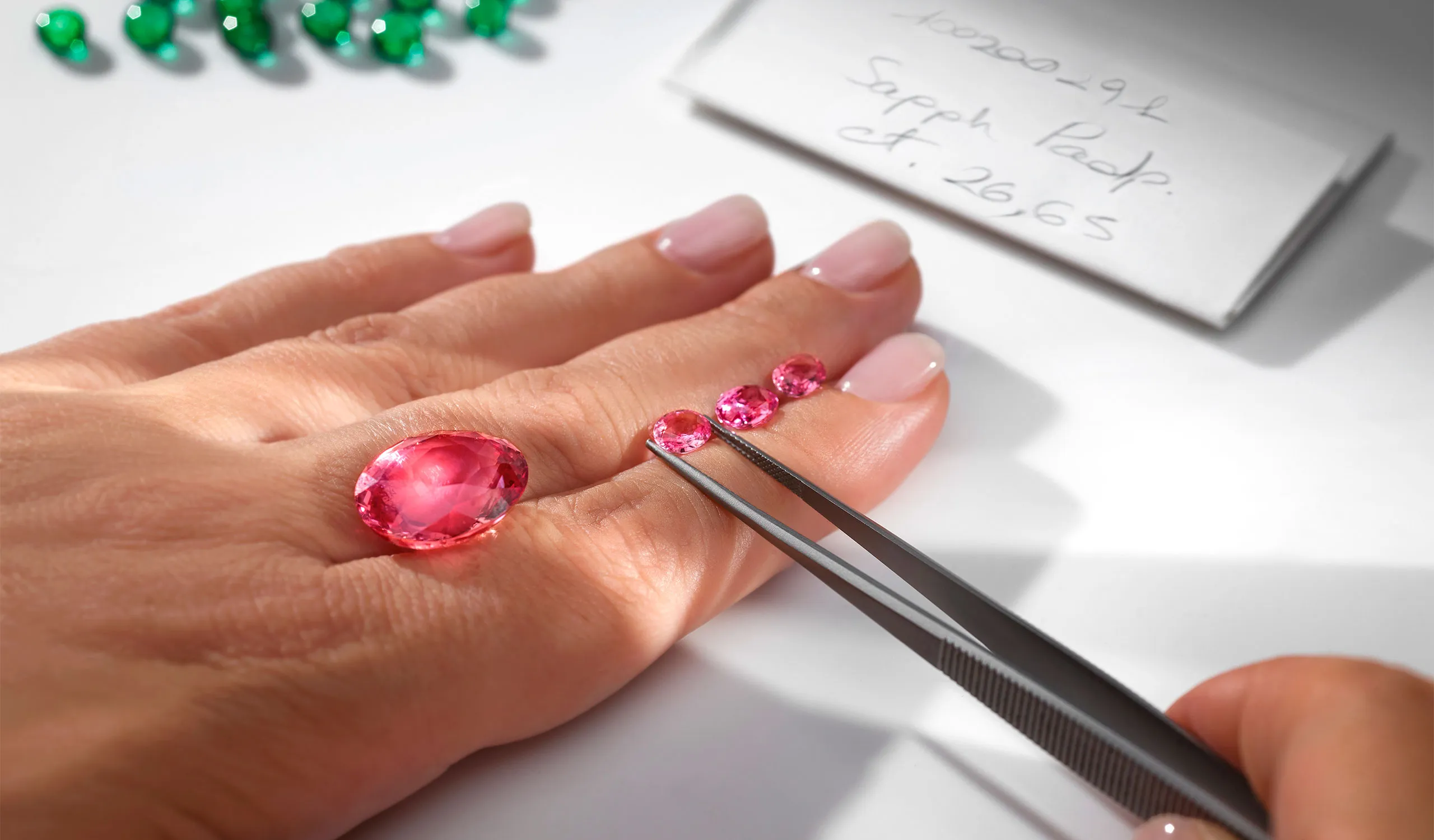 <p>Examining the Padparadscha sapphires – more than 30 carats – that are the focal point of the Eclettica Secret Garden high jewellery necklace</p>