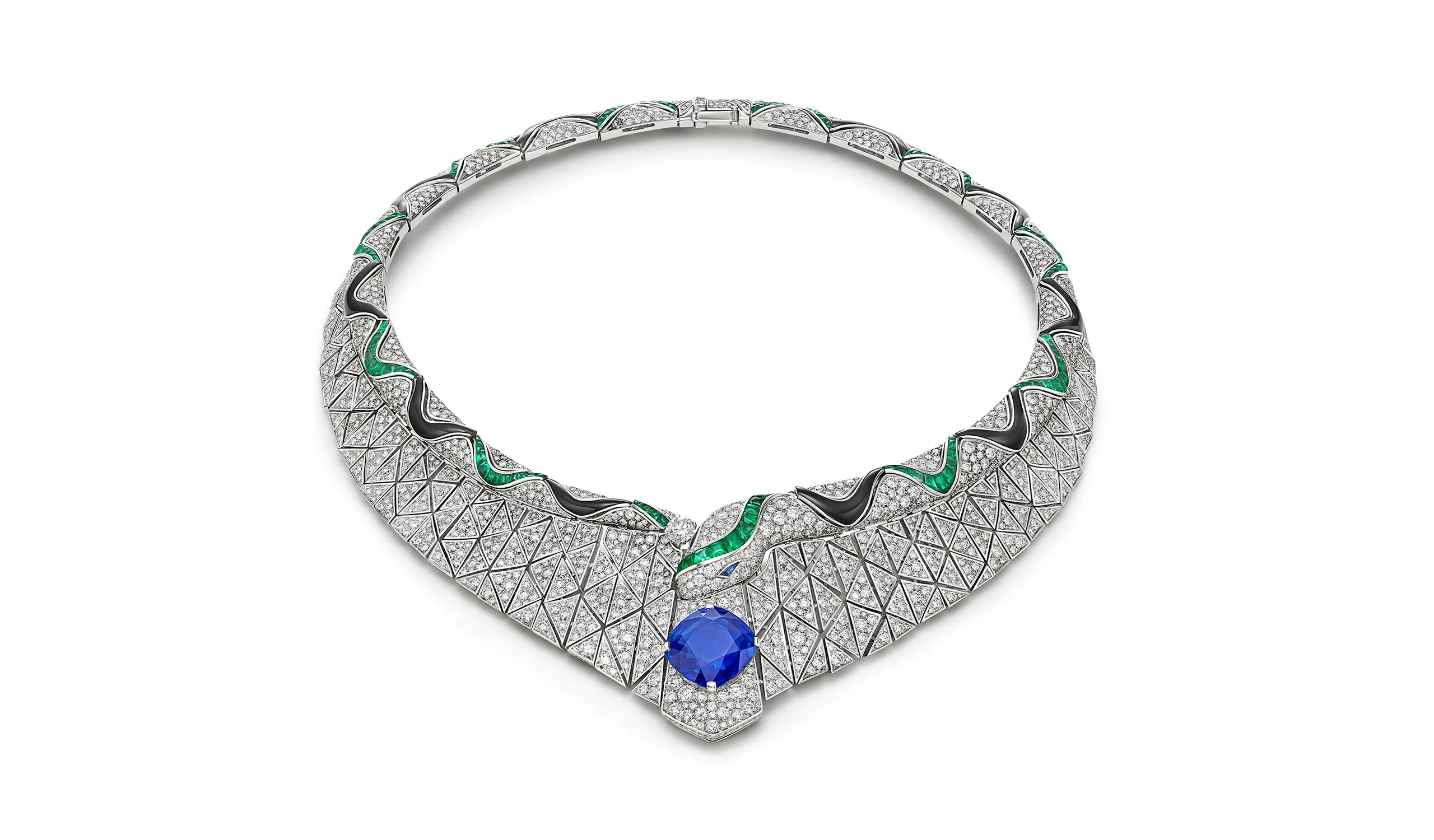 <p>The Eclettica Serpenti Illusio high jewellery necklace, featuring a 14ct cushion-cut sapphire from Madagascar, buff-top sapphires and emeralds totalling 5.16ct and 23.05ct of pavé-set diamonds</p>