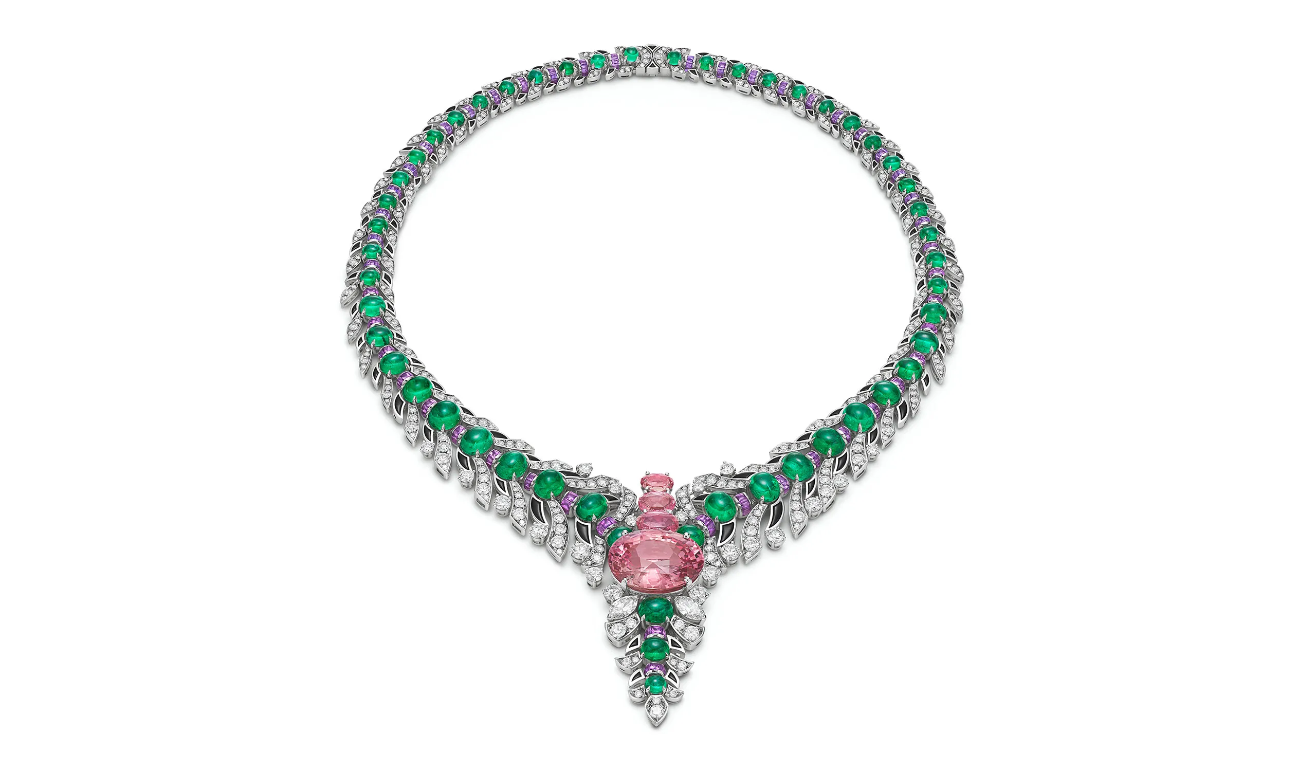 <p>The Eclettica Secret Garden high jewellery necklace featuring an oval Padparadscha sapphire from Sri Lanka weighing 26.65 carats, accompanied by 5.10 carats of Padparadscha sapphires from Madagascar and Sri Lanka, cabochon emeralds, buff-top purple sapphires and diamonds</p>