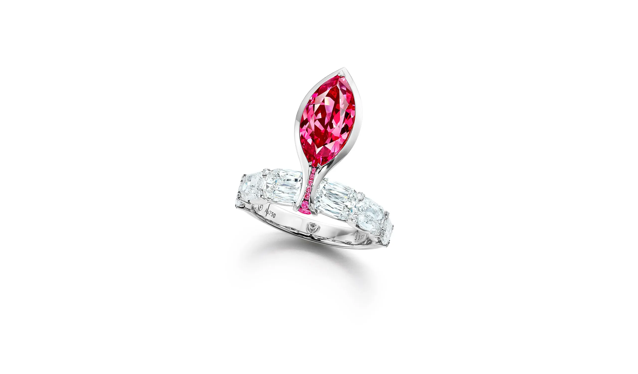 <p>The fuchsia-pink marquise spinel is combined with rectangular-cut diamonds around the band</p>