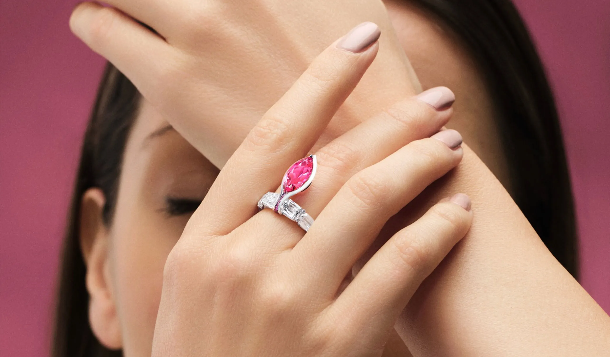 <p>FORMS marquise pink spinel, ruby and diamond ring</p>