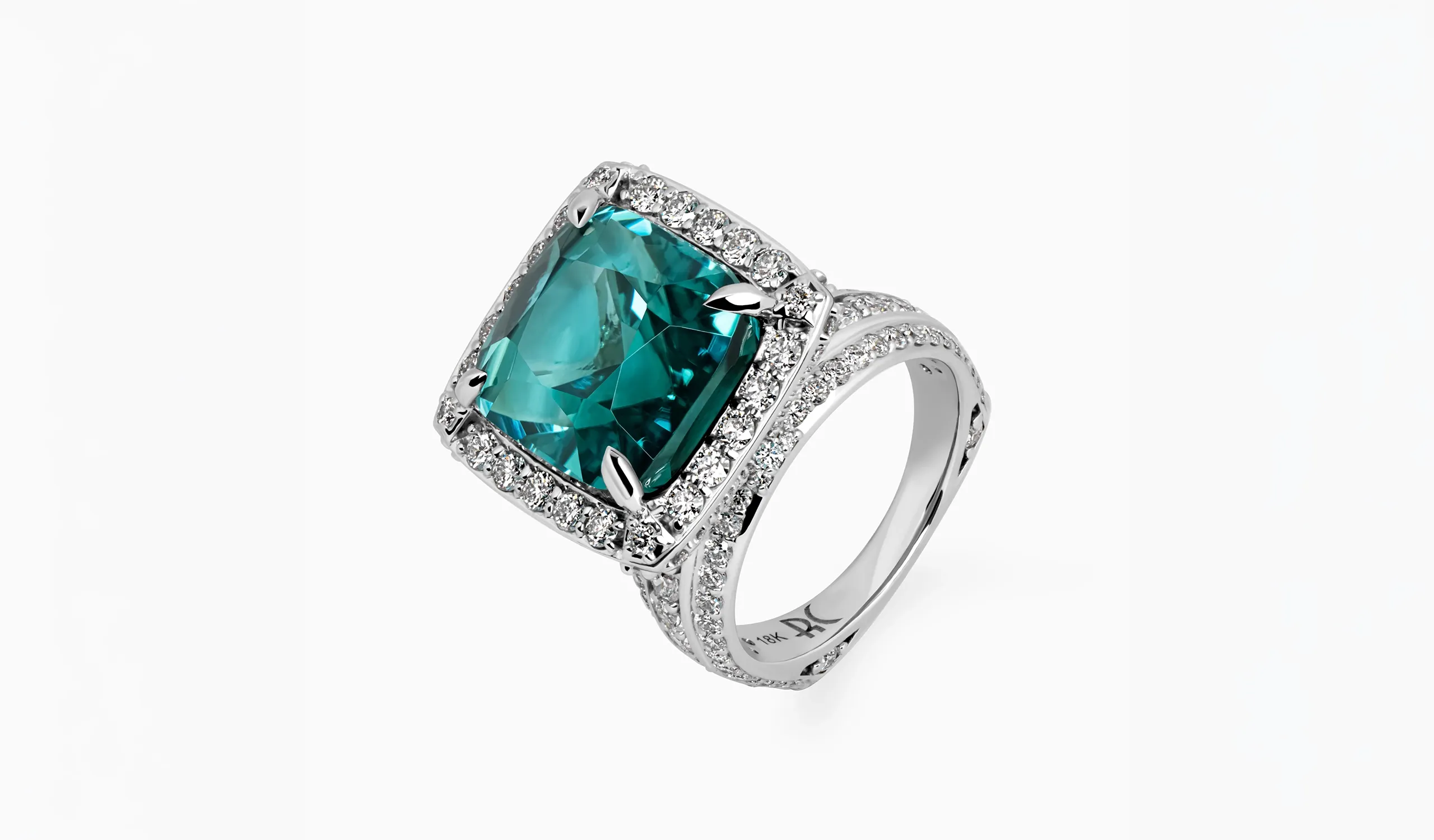 <p>Palm Beach Gems by Nicole Lagoon Dynasty ring with a 14.70 carat lagoon tourmaline and 2.97 carats of diamonds, set in 18k white gold</p>