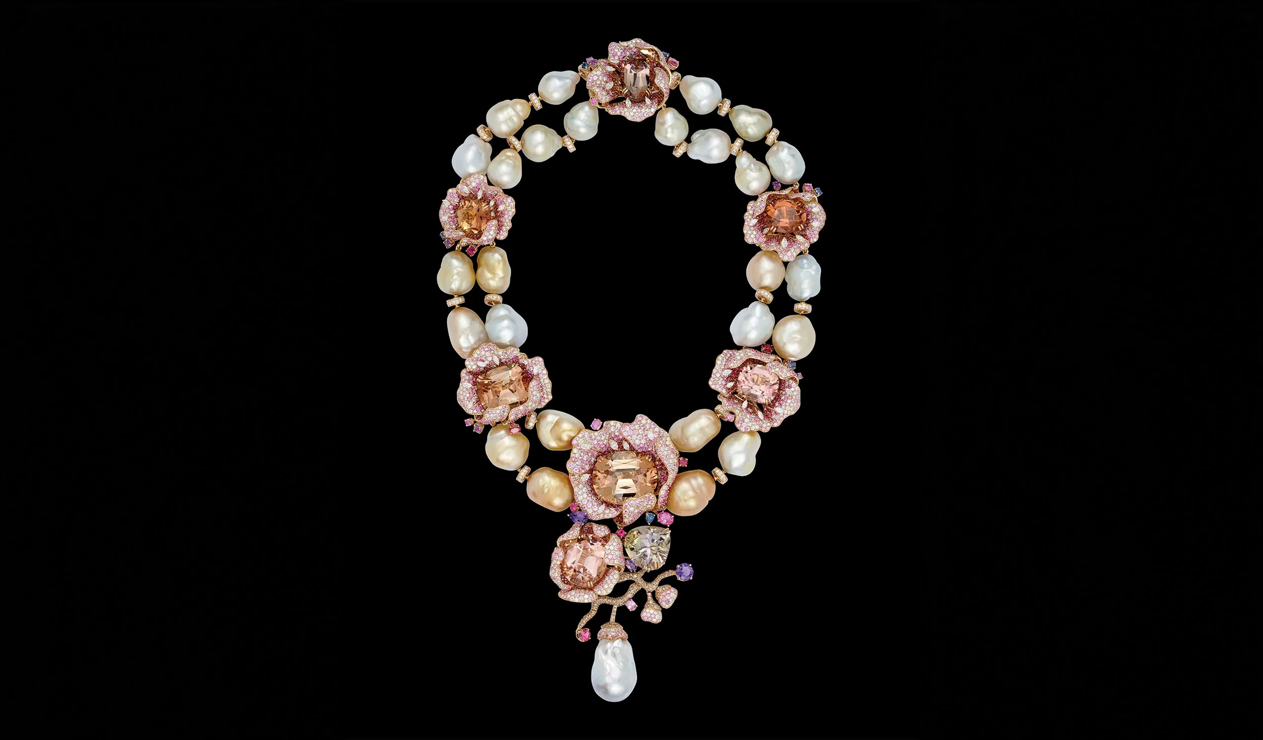 <p>The Bloem necklace by Margot McKinney is set with 240.56 carats of tourmalines, Australian South Sea baroque pearls, white diamonds, brown diamonds, blue sapphires, pink sapphires, purple sapphires, pink tourmalines, amethysts and rubellites in 18k yellow gold</p>