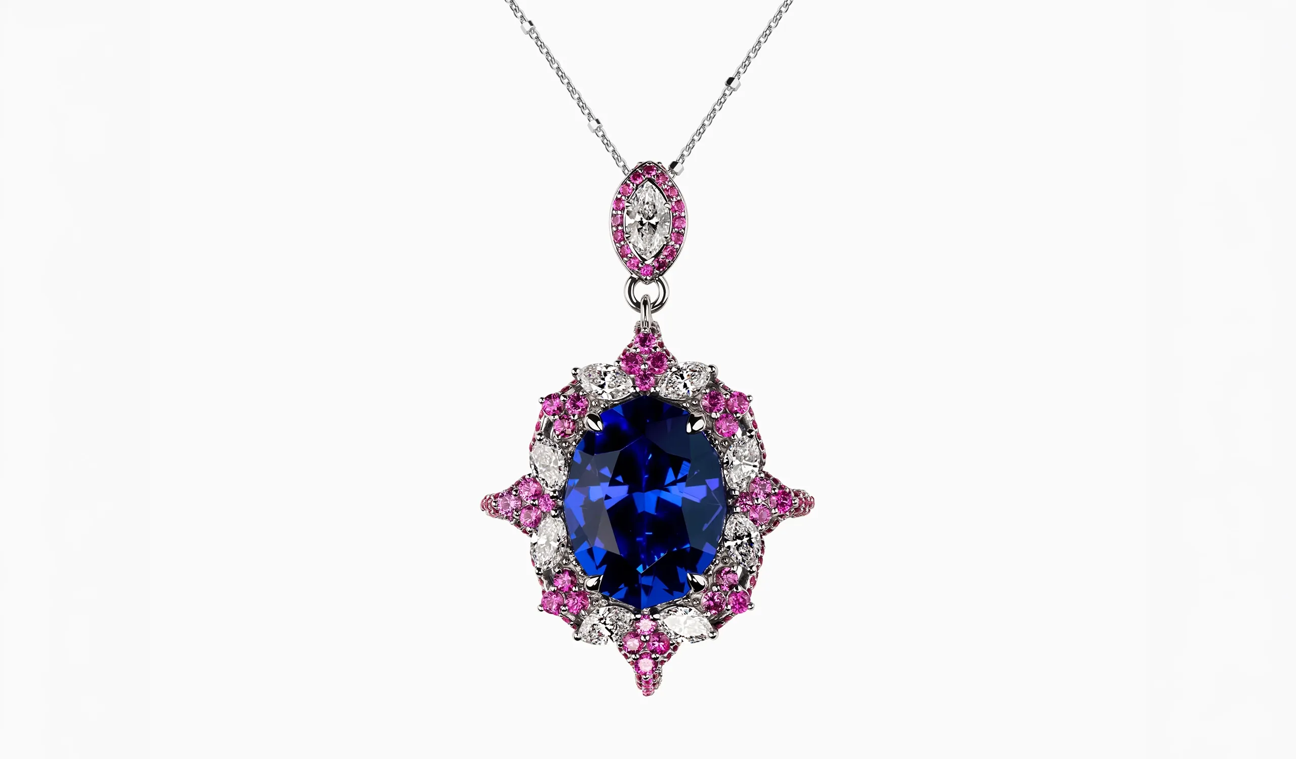 <p>Palm Beach Gems by Nicole Imperial Bloom pendant, designed by Robin Callahan, set with a 15.10 carat tanzanite, diamonds and pink sapphires in 18k white gold</p>