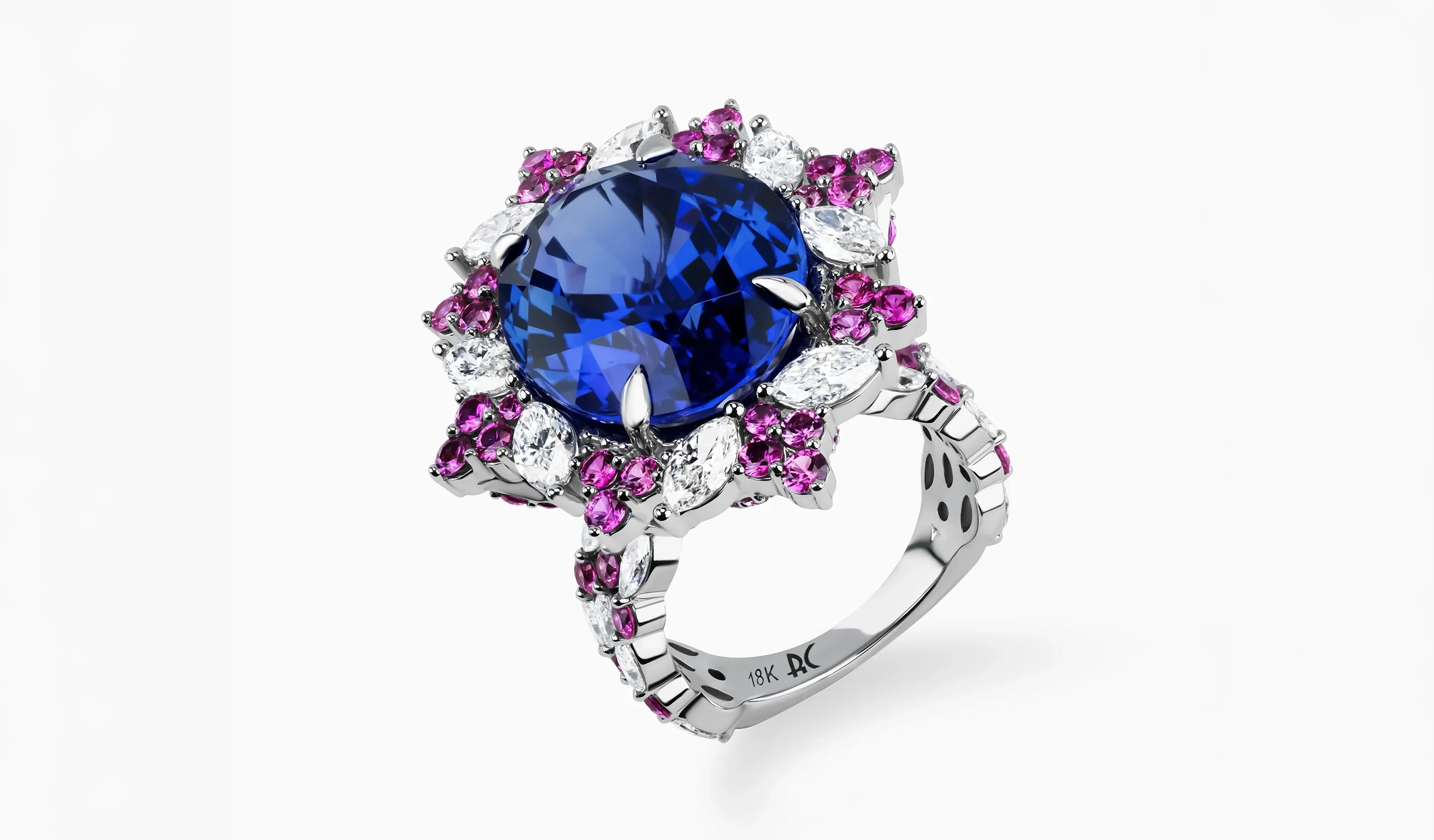 <p>Palm Beach Gems by Nicole Imperial Bloom ring, designed by Robin Callahan, set with a 16.20 carat tanzanite, diamonds and pink sapphires in 18k white gold</p>