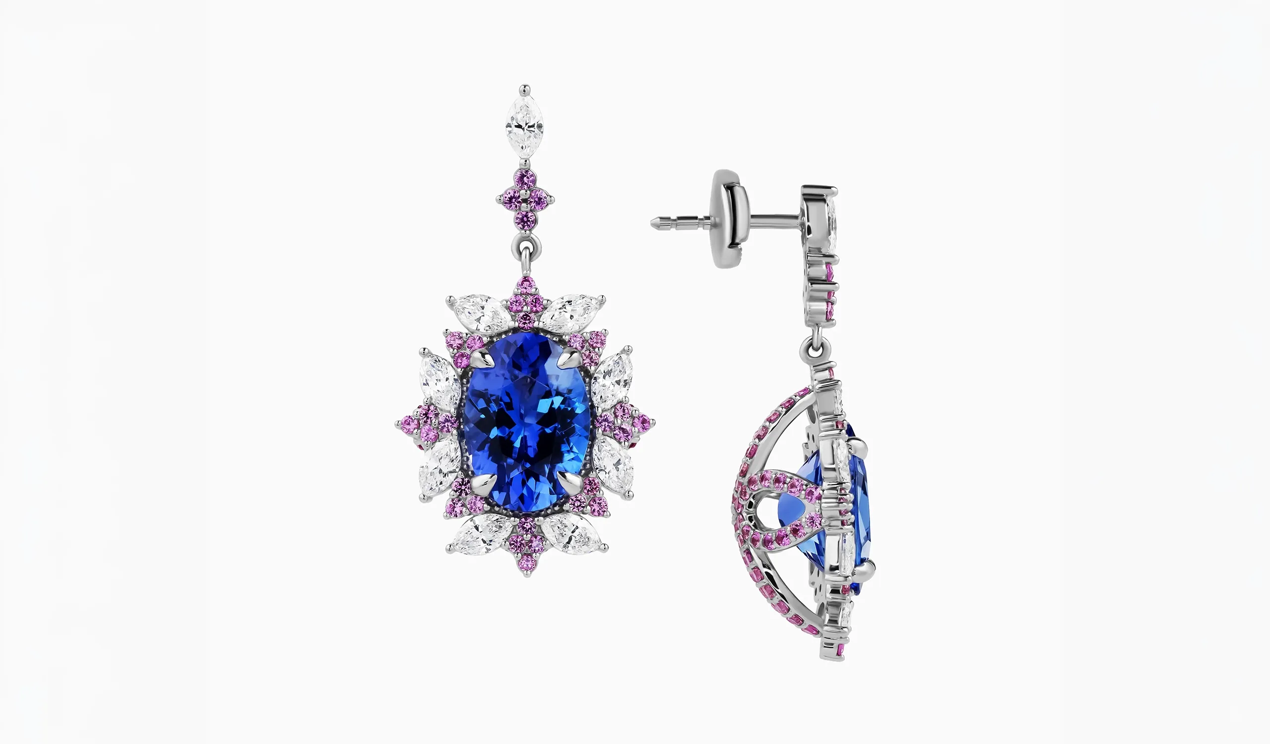 <p>Palm Beach Gems by Nicole Imperial Bloom earrings, designed by Robin Callahan, set with 7.71 carats of tanzanite, 2.33 carats of diamonds and pink sapphires in 18k white gold</p>