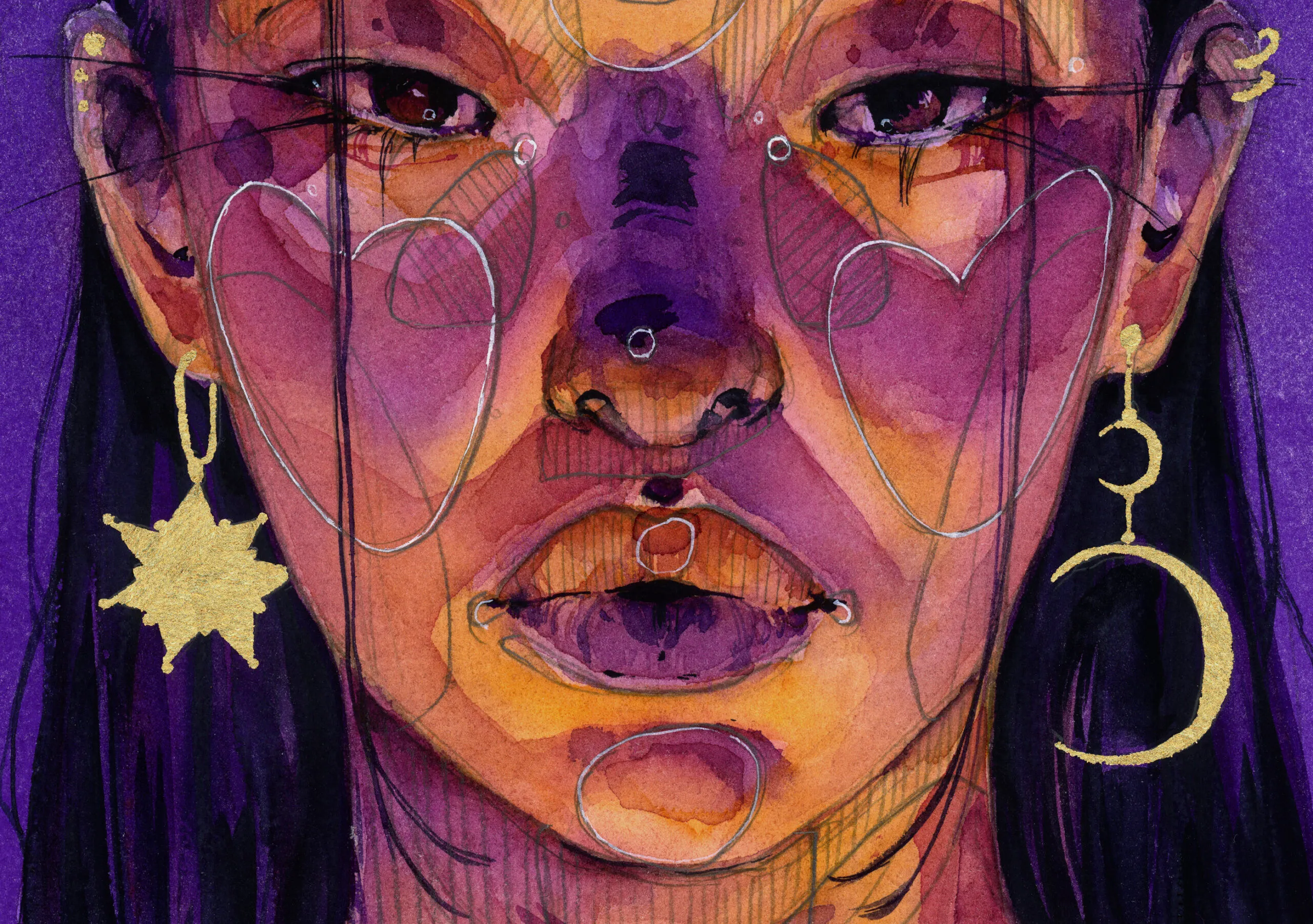 <p>Artwork by Polina Bright showcasing a pair of asymmetric celestial-inspired earrings</p>