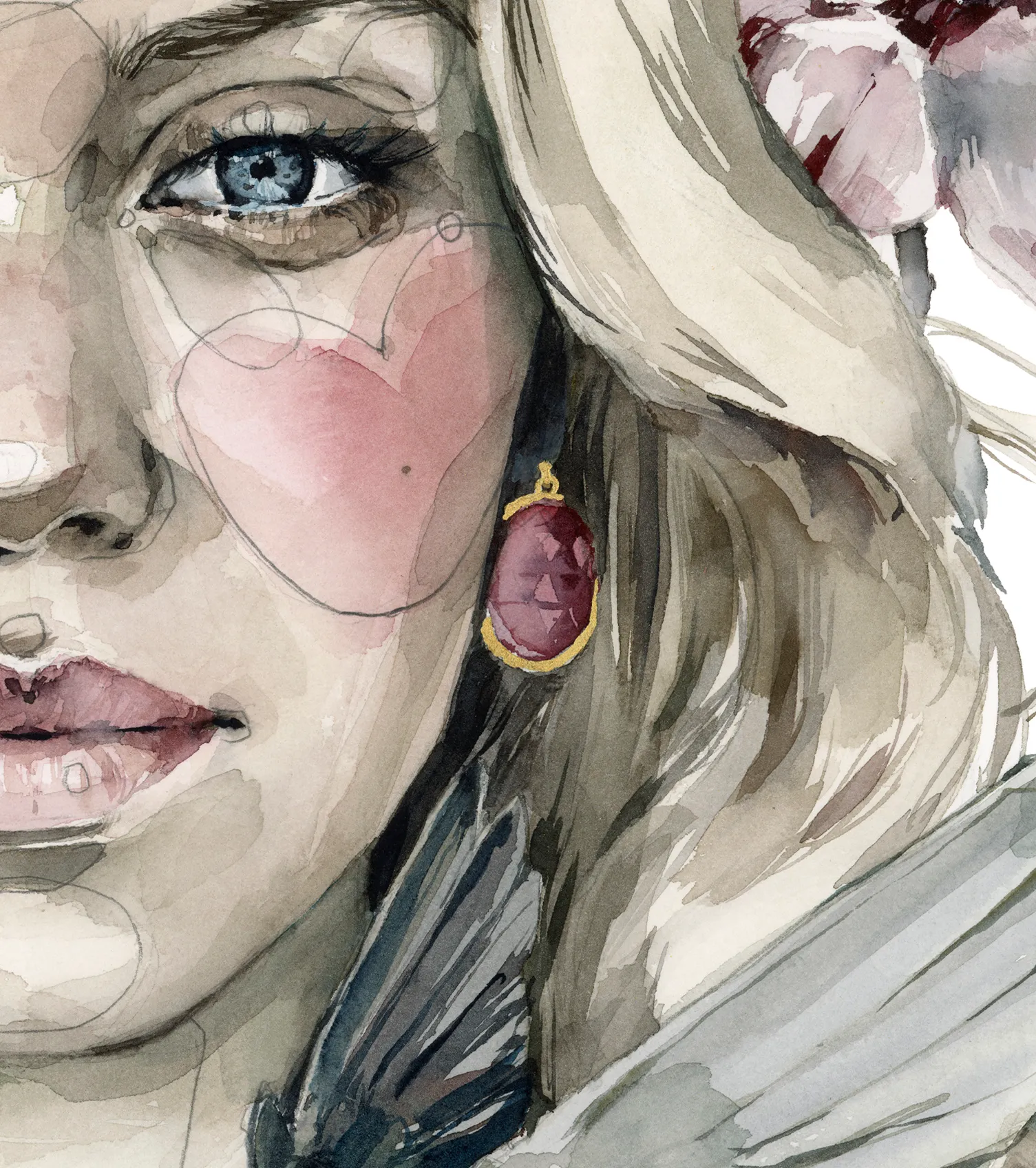 <p>Coloured gemstone earrings in a watercolour painting by Polina Bright</p>