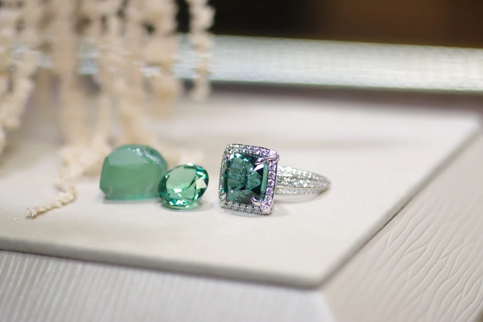 <p>Palm Beach Gems by Nicole Lagoon Dynasty ring with a 14.70-carat lagoon tourmaline and 2.97 carats of diamonds, set in 18k white gold</p>