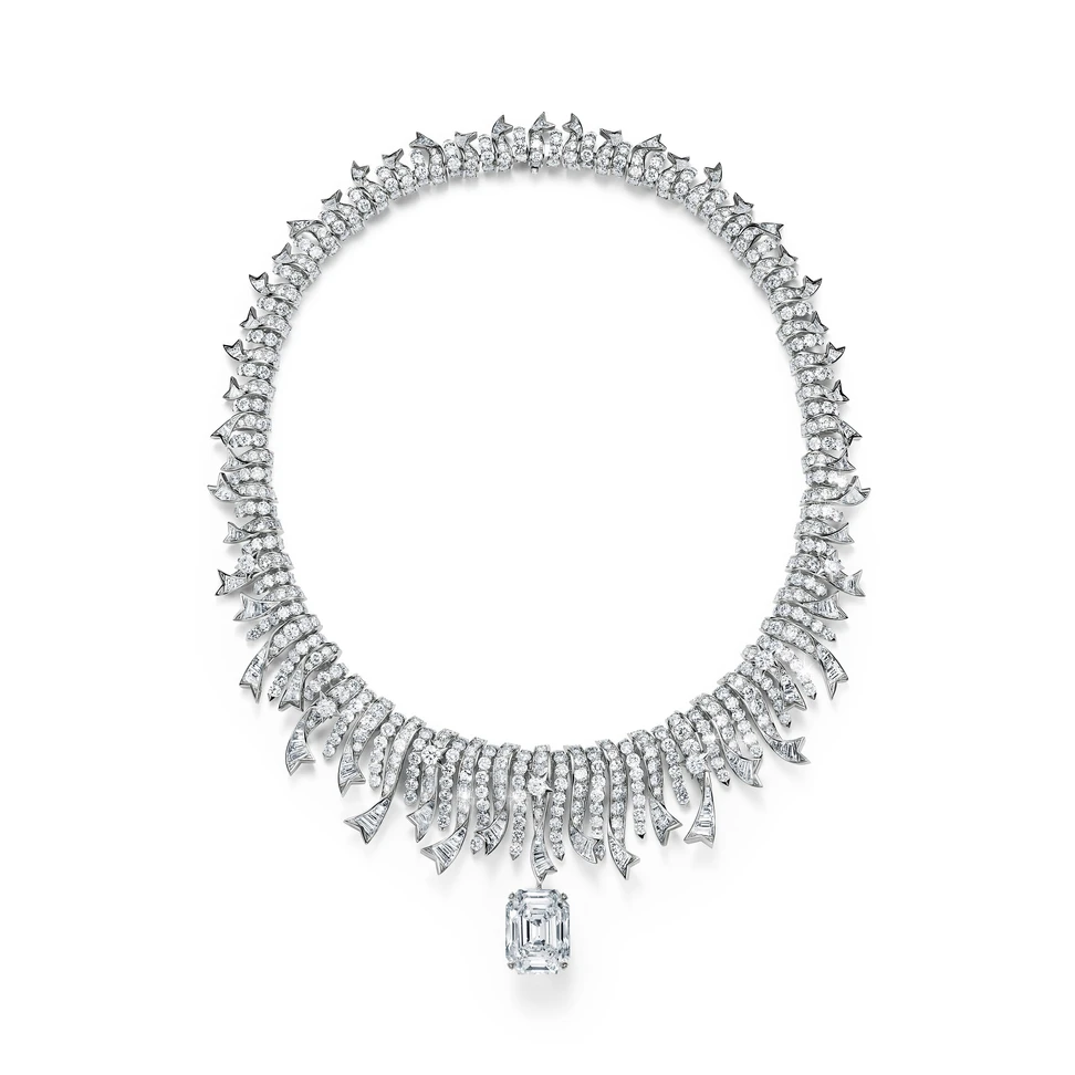 <p>Tiffany & Co. necklace in platinum with a diamond of over 18 carats and diamond accents</p>