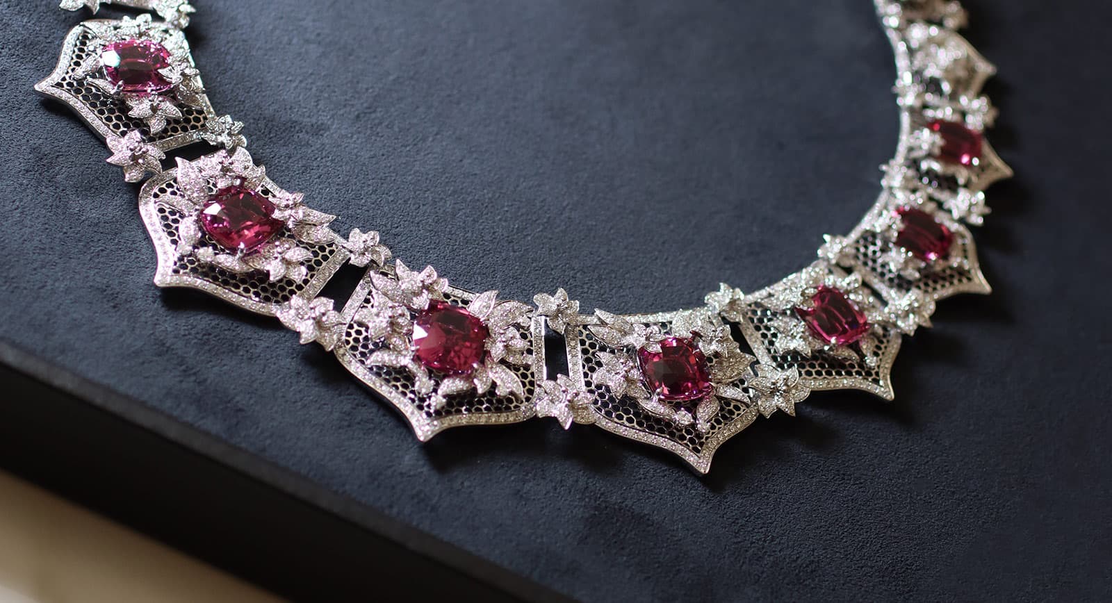 Serendipity Jewelry Secret d’Iris High Jewellery necklace with lace-effect goldwork and cushion-cut pink tourmalines requiring more than1,800 hours of work