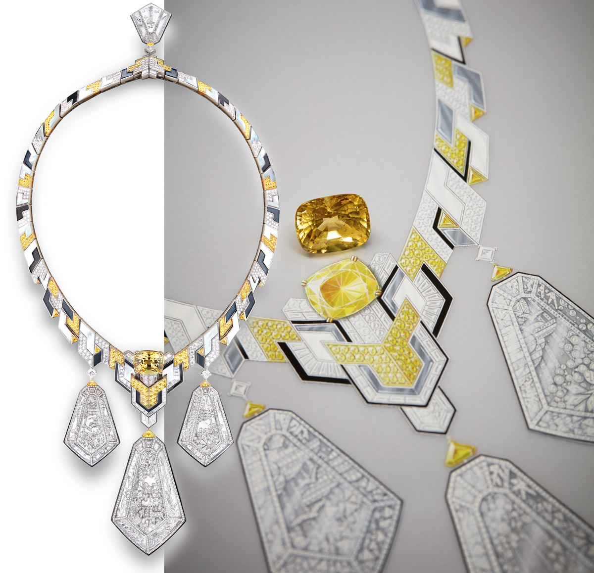 Boucheron Hotel Particulier necklace with a yellow sapphire, rock crystal, mother of pearl, onyx and diamonds