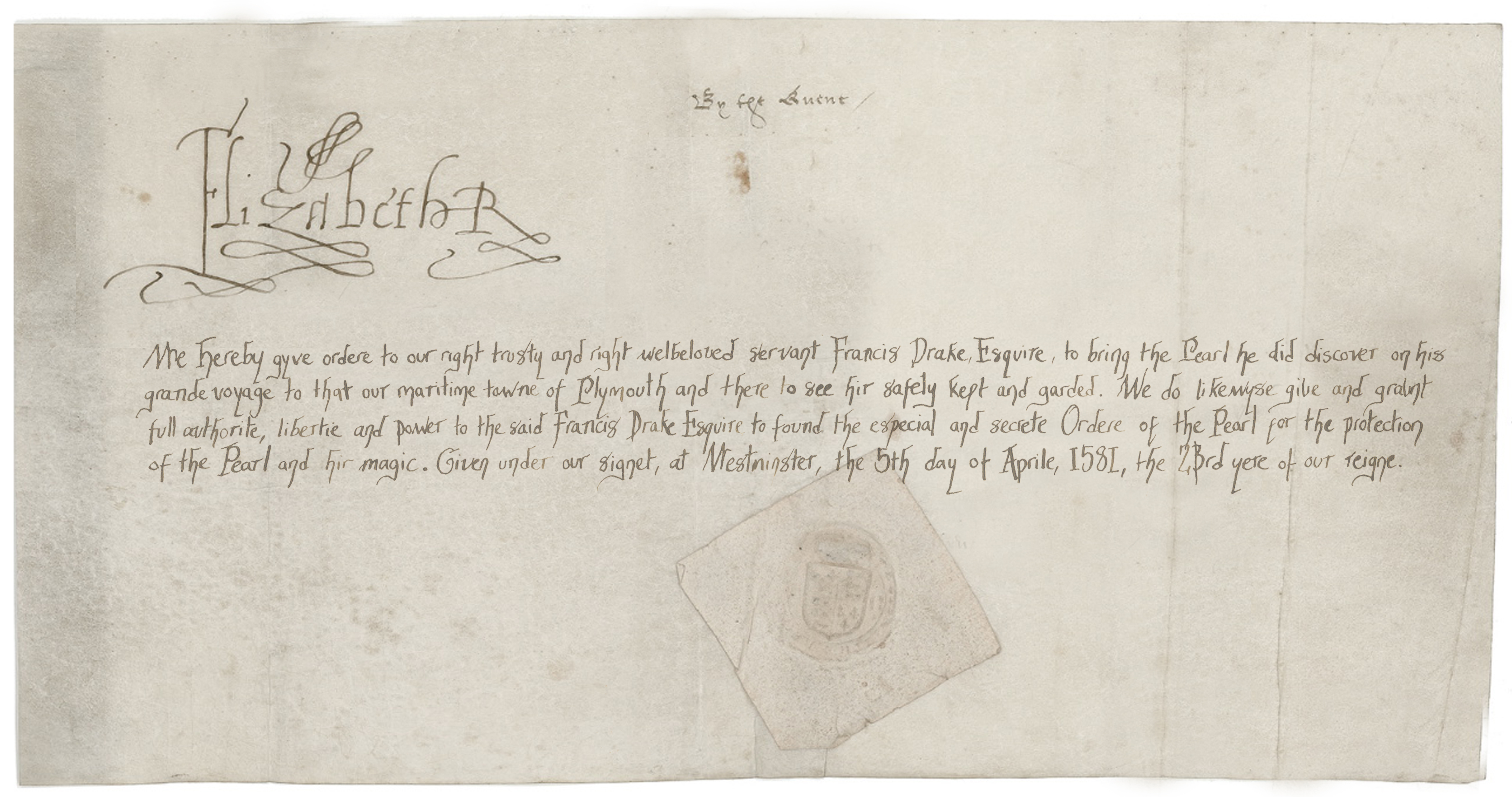 Queen Elizabeth I letter to Drake establishing the Order of the Pearl