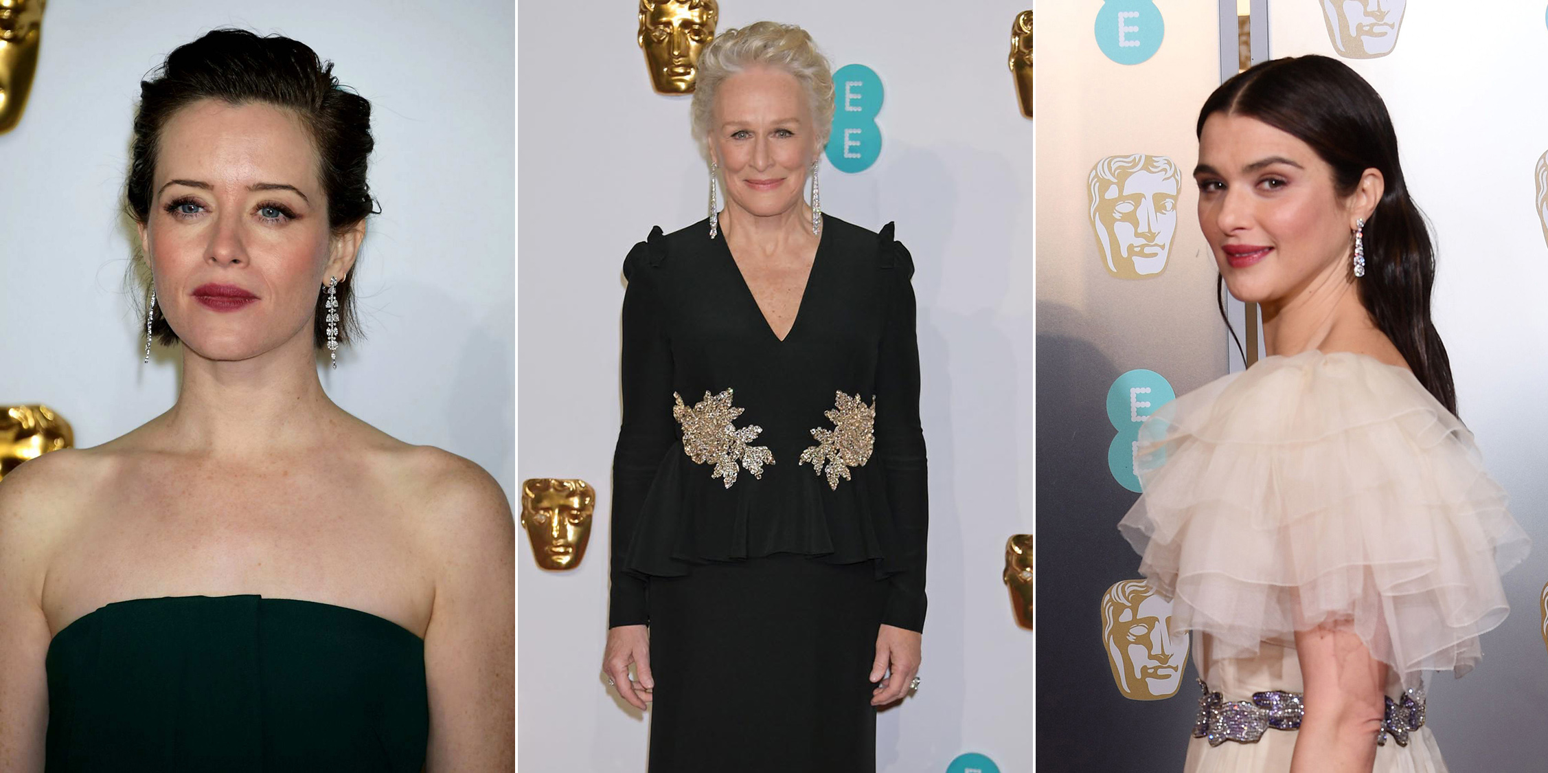 Claire Foy, Glenn Close and Rachel Weisz at the 2019 BAFTA awards all wearing Cartier High Jewellery drop earrings with diamonds