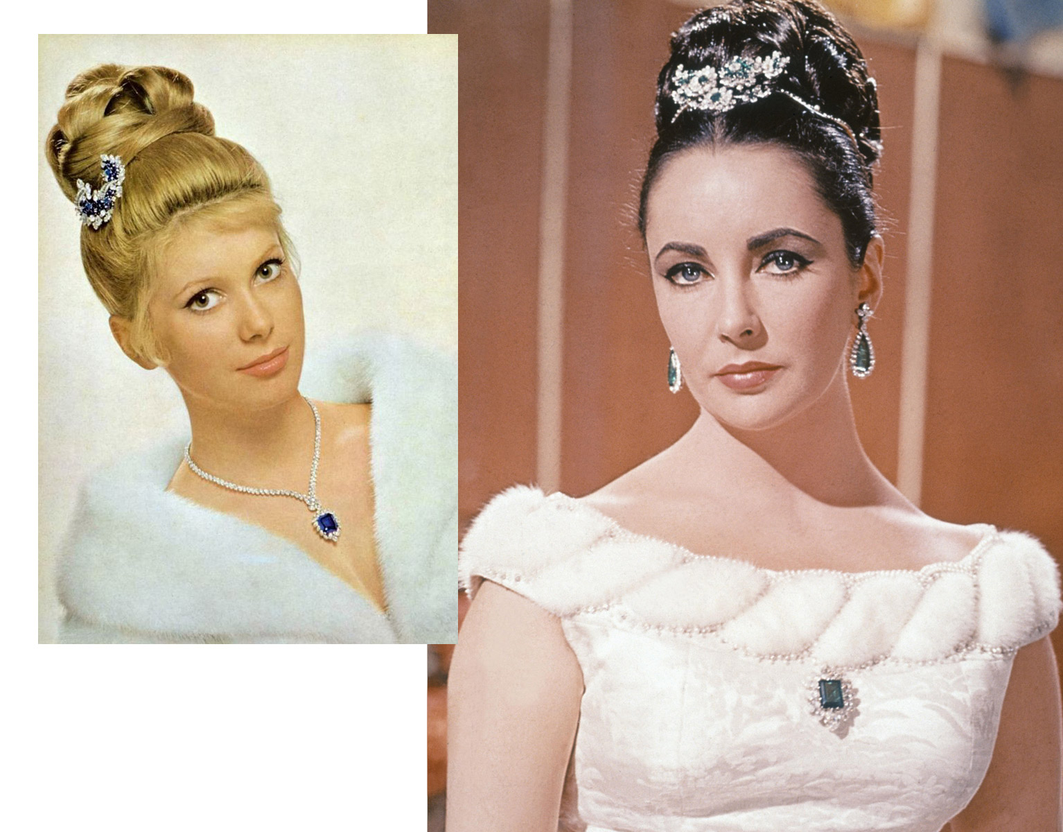 Catherine Deneuve on the left and Elizabeth Taylor on the right wearing brooches in their hair