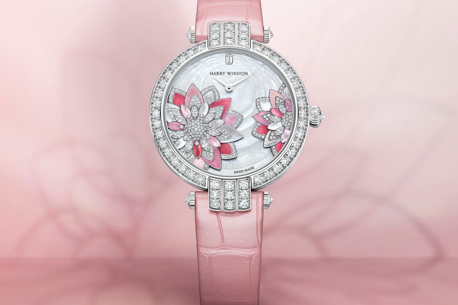 The new Harry Winston Premier Lotus Automatic 36mm watch featuring mother of pearl and diamonds, set to form the delicate lotus flower