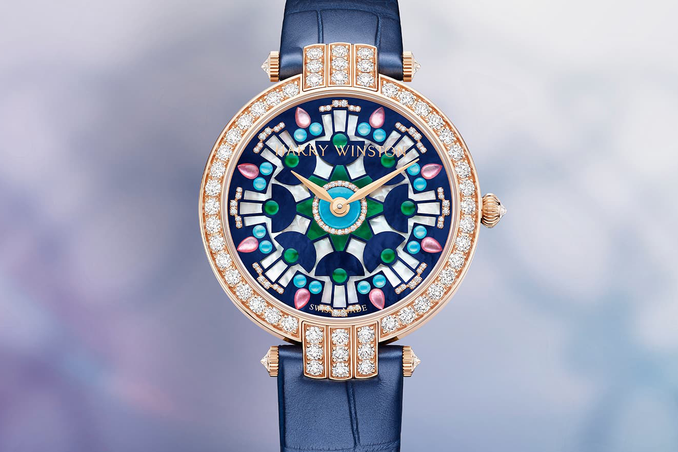 Harry Winston Premier Kaleidoscope high jewellery watch with a mother-of-pearl dial set with diamonds and turquoise and mother-of-pearl cabochons