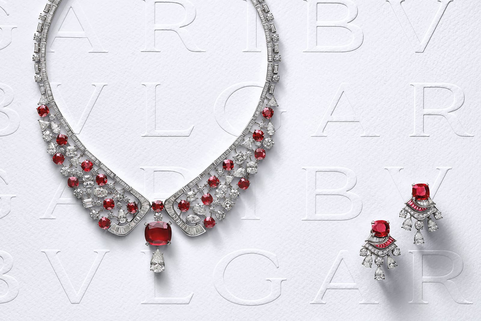 Bulgari’s Forever Rubies necklace and earrings. The necklace is set with a rare 10.04 Mozambique ruby accompanied by a spectacular set of 20 vivid red rubies