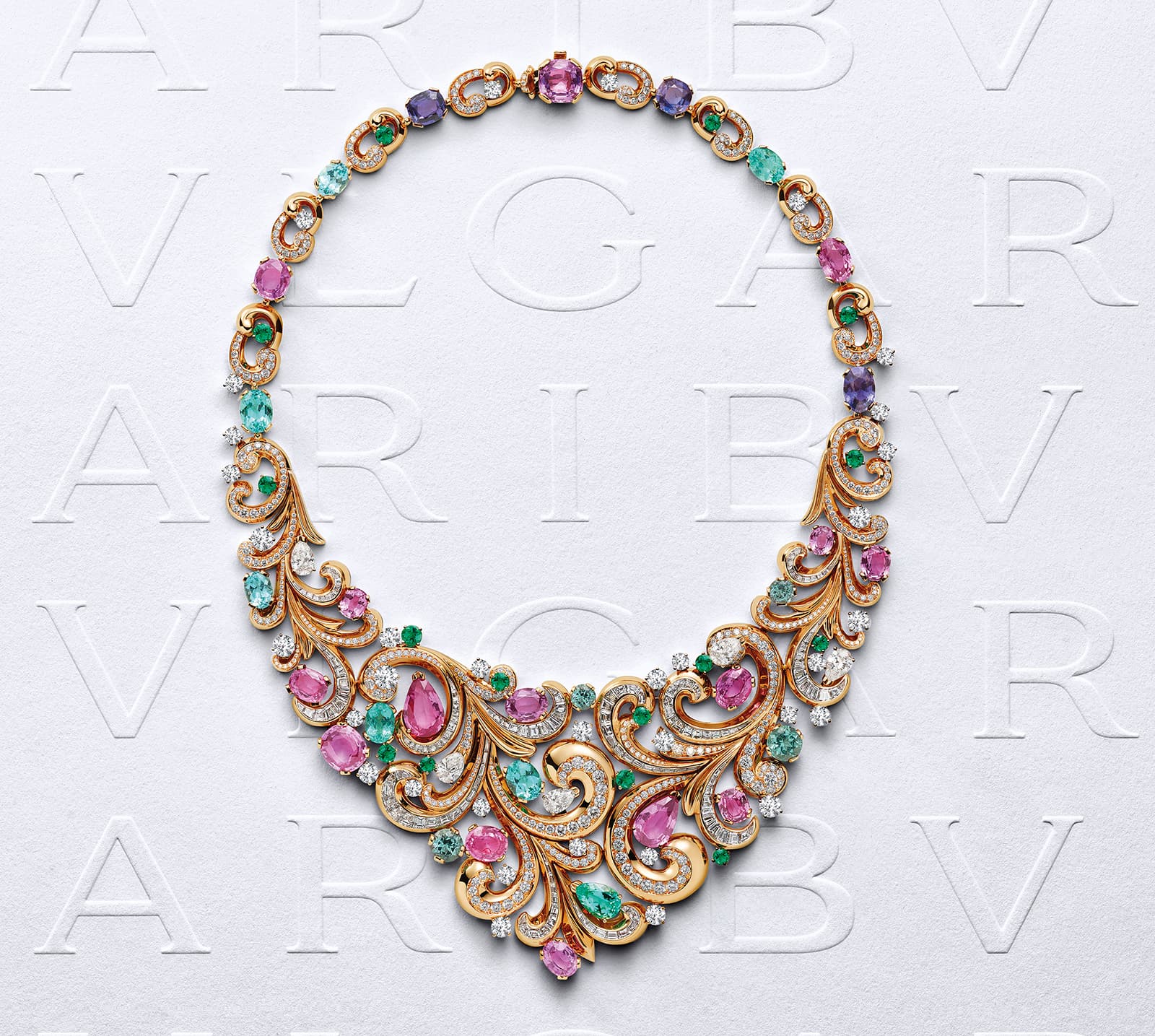 Bvlgari Borocko Lady Arabesque high jewellery necklace, set with sapphires, Paraiba tourmalines, emeralds and diamonds in 18 carat rose gold