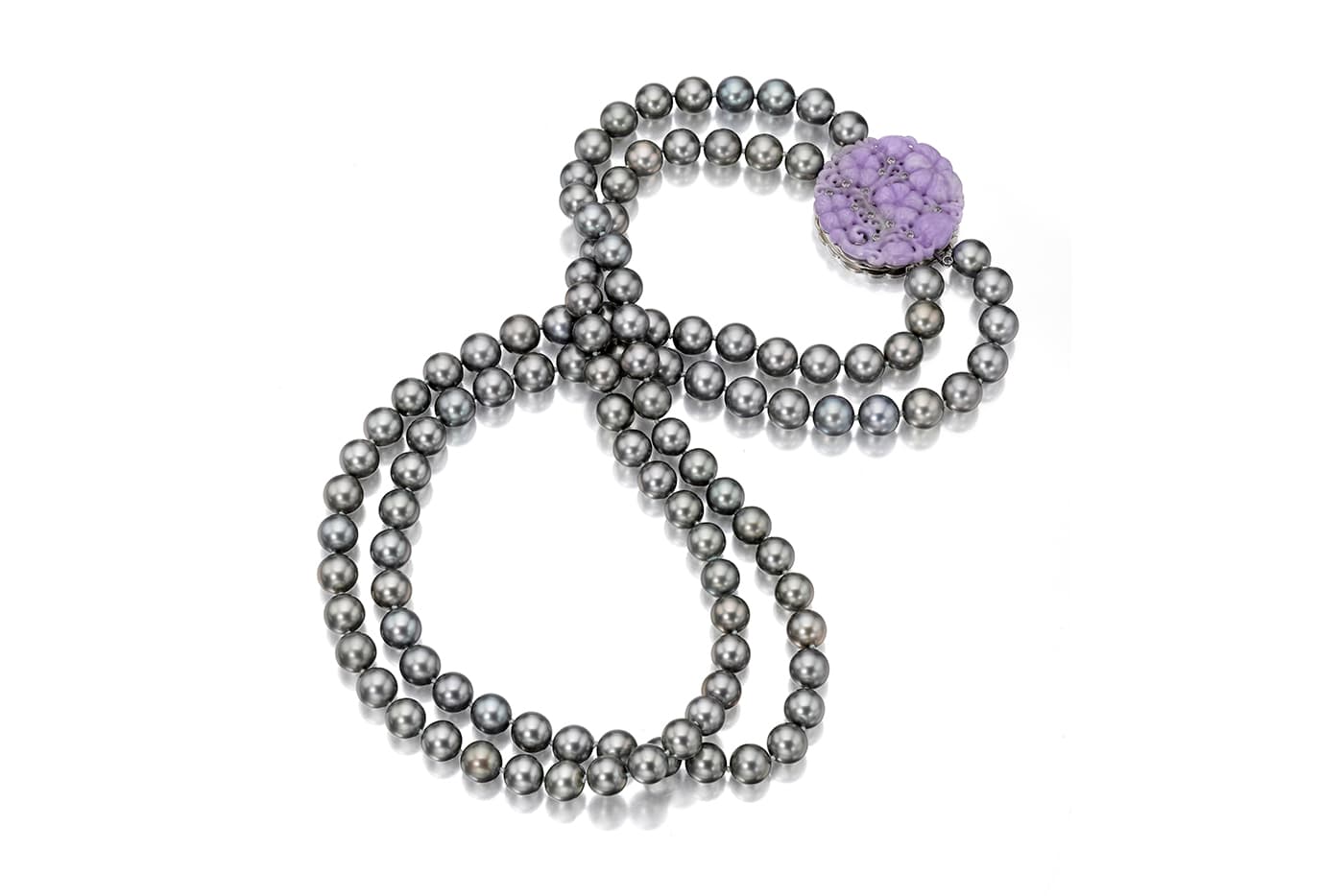 Tahitian pearl necklace with a lavender carved jadeite and diamond clasp set in platinum by Assael
