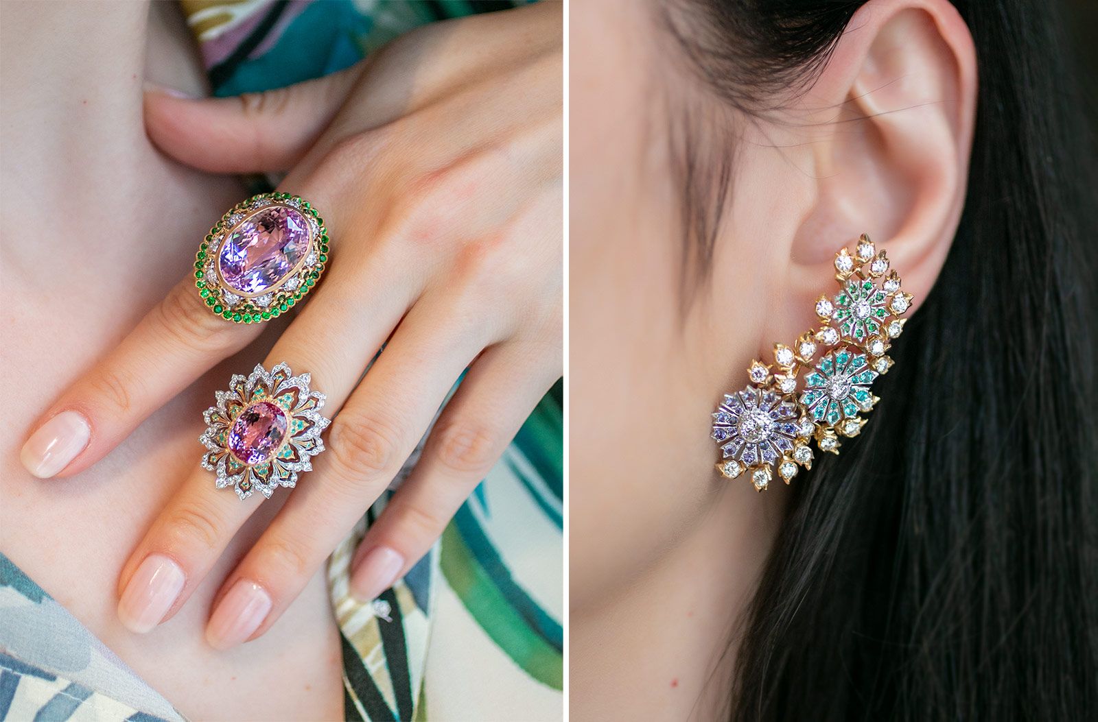 Creations from the Il Giardino di Buccellati High Jewellery collection, including the Bouganville cocktail ring with a 25.85 carat kunzite (top left), the Gelsomino cocktail ring with an 8.60 carat topaz and a gem-set ear climber