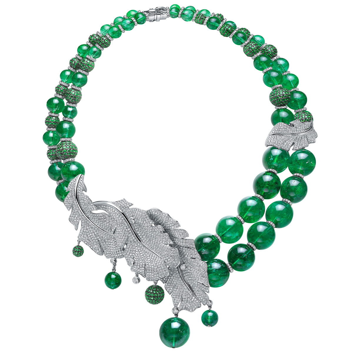 Fei Liu “Feather” necklace with diamonds and impressive beads of green tourmaline