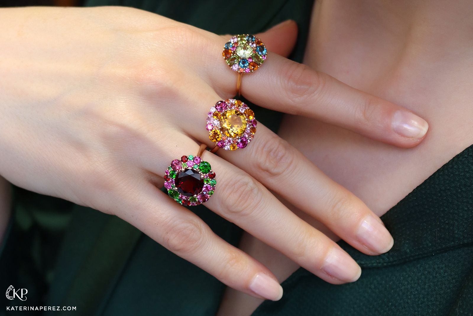 A trio of coloured gemstone cluster cocktail rings by Isabelle Langlois
