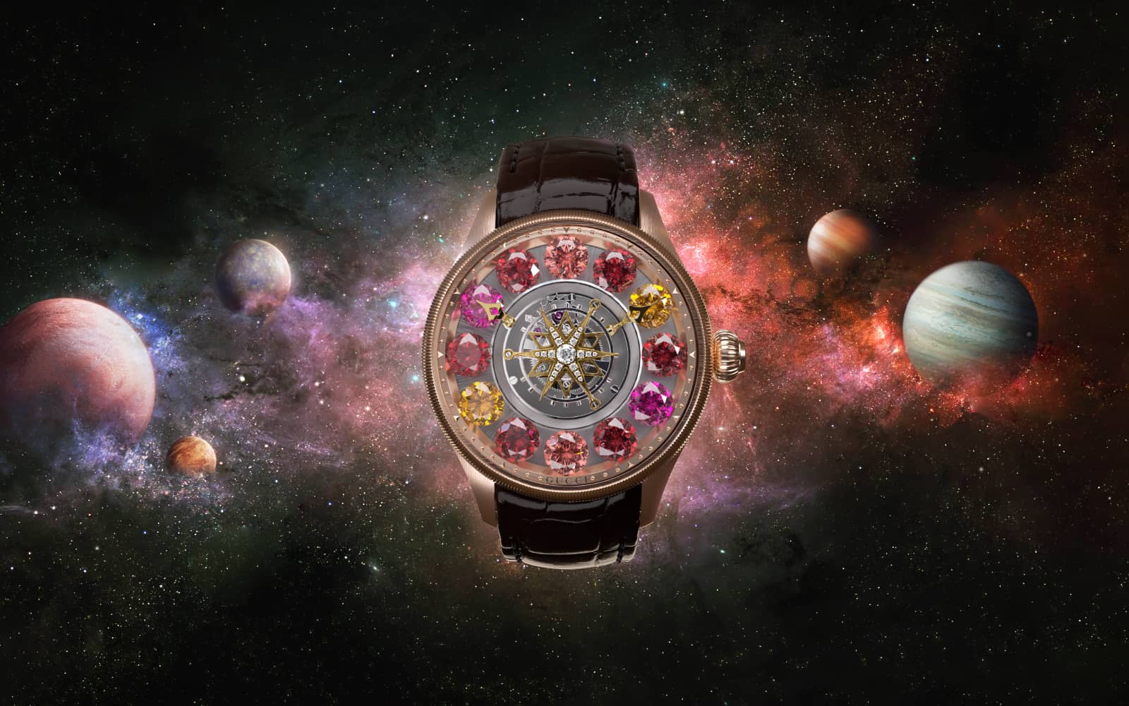 Gucci G-Timeless Planetarium High Jewellery watch featuring rubies, fire opals, pink tourmaline and mandarin garnet