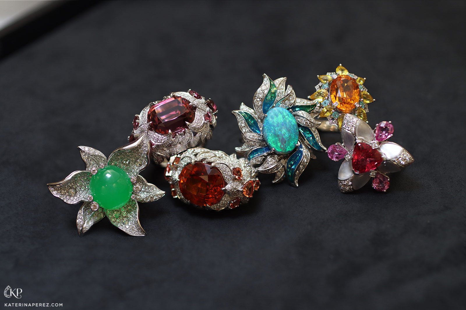A selection of coloured gemstone cocktail rings by Serendipity Jewelry, based in Paris