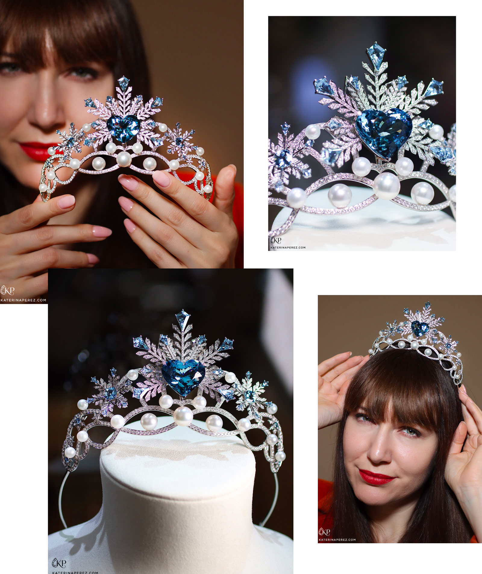 Katerina Perez wears the Serendipity Jewelry Snow Queen tiara with Santa Maria-coloured aquamarines, diamonds, and South Sea pearls surrounding a large heart-shaped aquamarine 