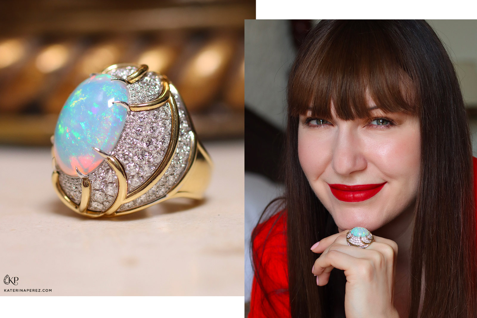 Katerina Perez wears a Veschetti cocktail ring with an opal cabochon and colourless diamonds in 18k yellow gold