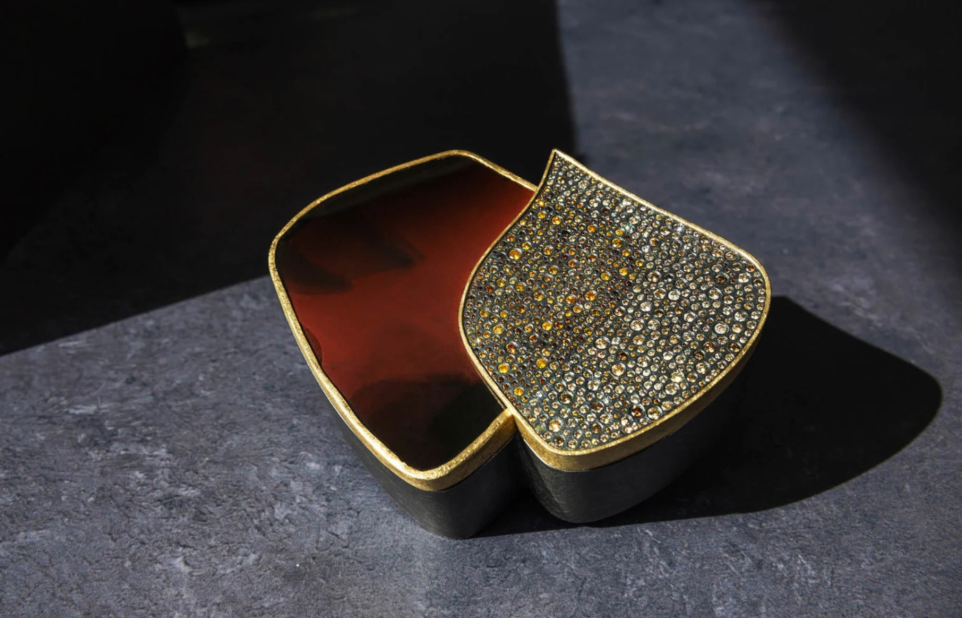 Todd Reed 18k yellow gold and patinated sterling silver box with 3.27 carats of Autumn diamonds, 5.16 carats of brown diamonds and obsidian 