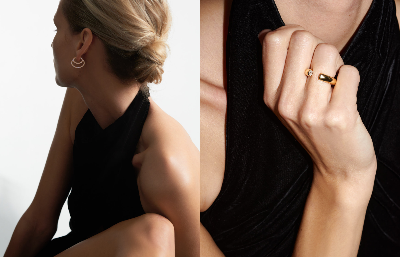 Model wearing Ina Beissner Luma Horizontal medium and small earrings and Core Oval ring in gold and diamond from the Hidden Diamonds collection
