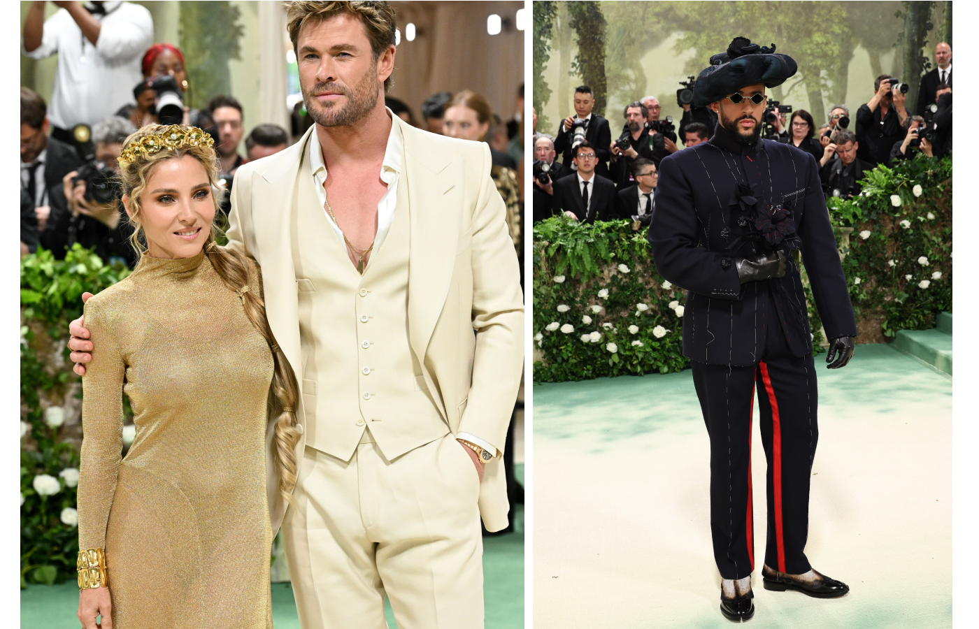 Met Gala 2024 co-chairs Chris Hemsworth with his wife Elsa Pataky and Bad Bunny arrive on the green carpet for the evening 