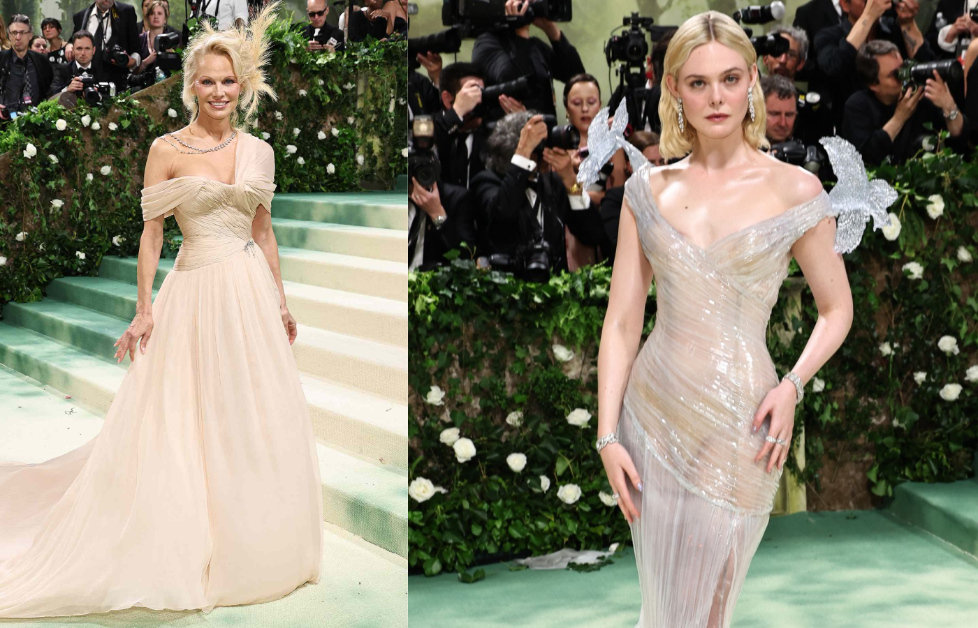 Pamela Anderson wears layers of laboratory-grown diamonds by Pandora draped across her shoulder to the Met Gala 2024, while Elle Fanning opted for vintage Cartier diamonds and a Balmain dress