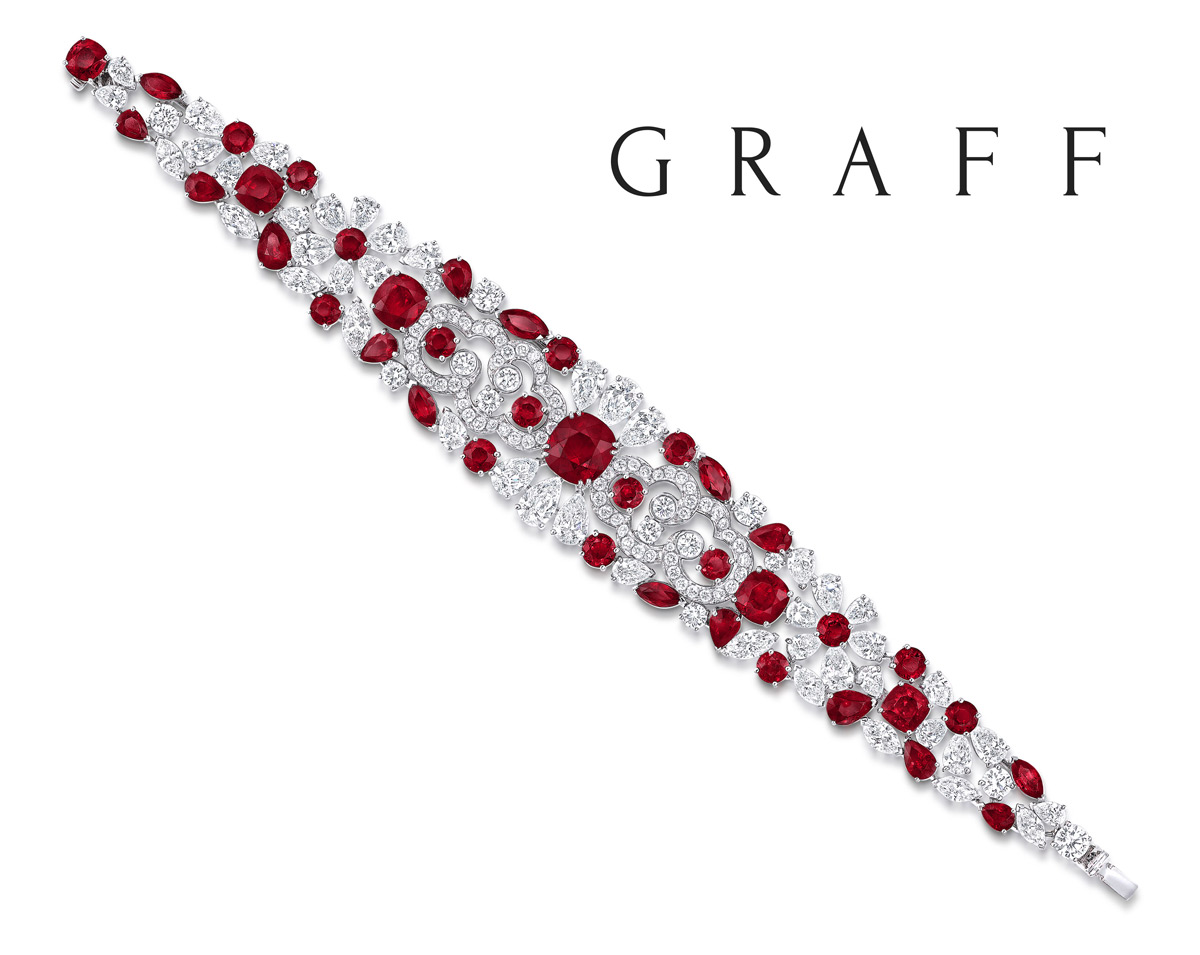 Graff Daimonds bracelet from the Biennale 2014 collection. Centre ruby of 5.04 carat cushion cut Pigeon blood Burmese ruby is surrounded by 20.78cts of diamonds and 31.19cts of rubies.