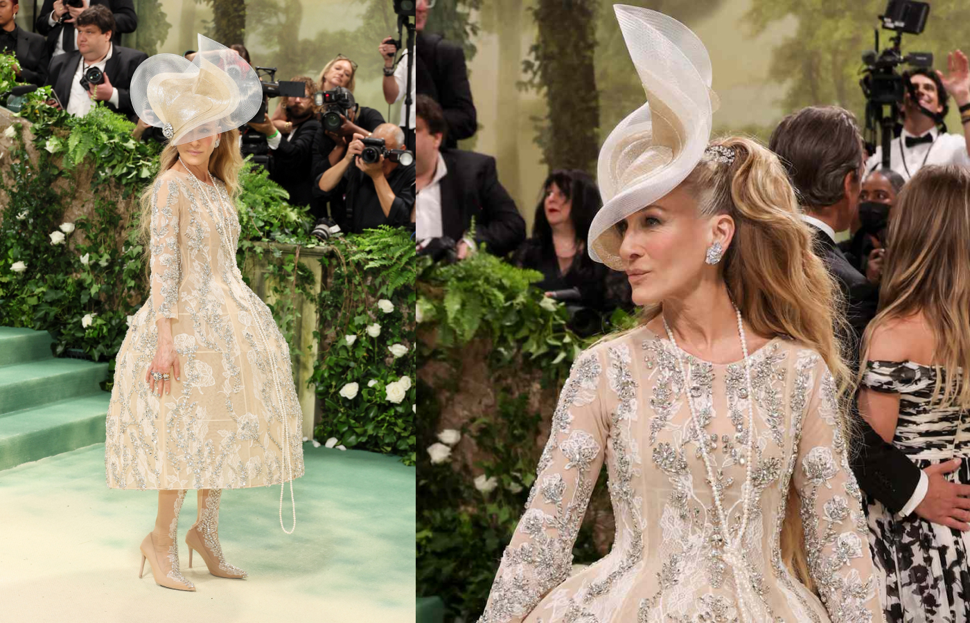 Sarah Jessica Parker at the Met Gala 2024 wearing vintage diamond jewels by Briony Raymond, Marlo Laz and Gray & David, either pinned to her hat, worked into a ponytail or worn more traditionally as rings and earrings