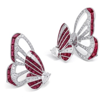 'Butterfly Lovers' earrings with rubies and diamonds in white gold