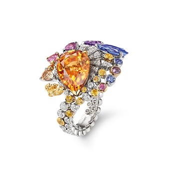 'Lueurs D'Orage' ring with Imperial topaz, sapphires and diamonds in white gold