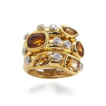 Ring with citrine, topaz and diamonds in yellow gold
