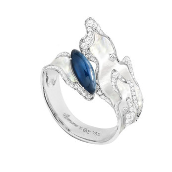 'Simone X Katerina Perez' capsule collection ring made in white gold with carved mother-of-pearl, cabochon cut sapphire and diamonds