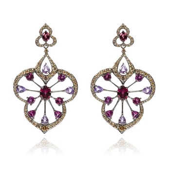 Earrings with imperial garnets, sapphires and diamonds in white gold