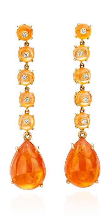 Earrings with 15ct cabochon spessartite garnet, spessartite garnet beads and diamonds in yellow gold
