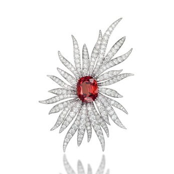 Brooch with 28.67ct cushion cut spessartite garnet and 26.39ct diamonds in white gold
