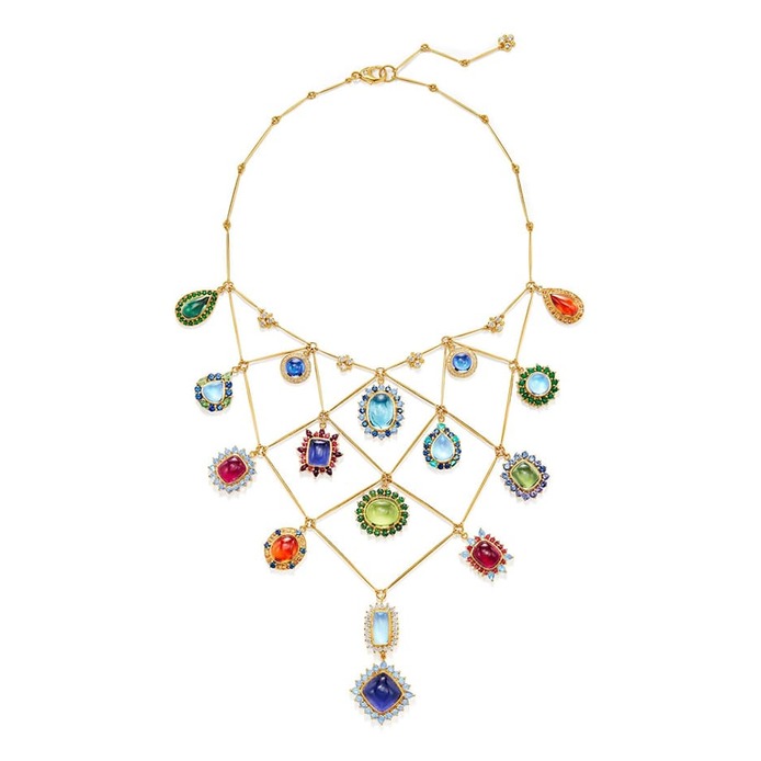 Dreamcatcher necklace in 18 carat gold, set with multi-coloured gemstones including moonstone, iolite, hessonite garnet, rubellite and peridot